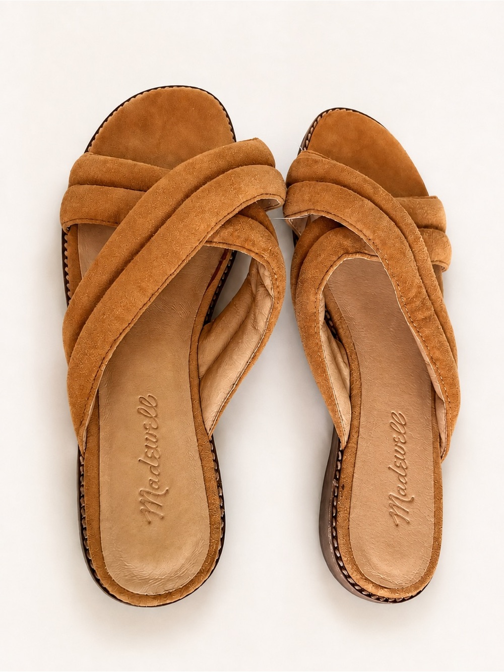 Madewell Suede Puffy Crisscross Slide Sandals Toffee Tan EUC 7.5